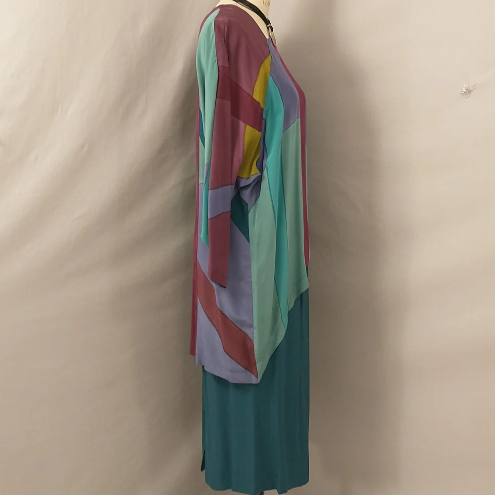 Vintage Silk Set Mod Design by Mosswear USA made Party Dress 80s / 90s Colorful - Picture 5 of 12